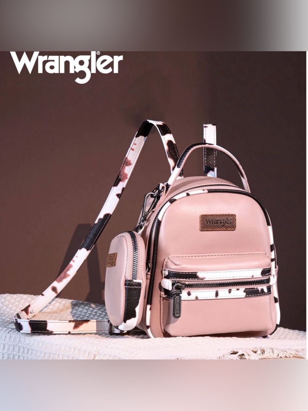NWT Wrangler Blush Pink Mini Backpack with Cow Patterned Strap